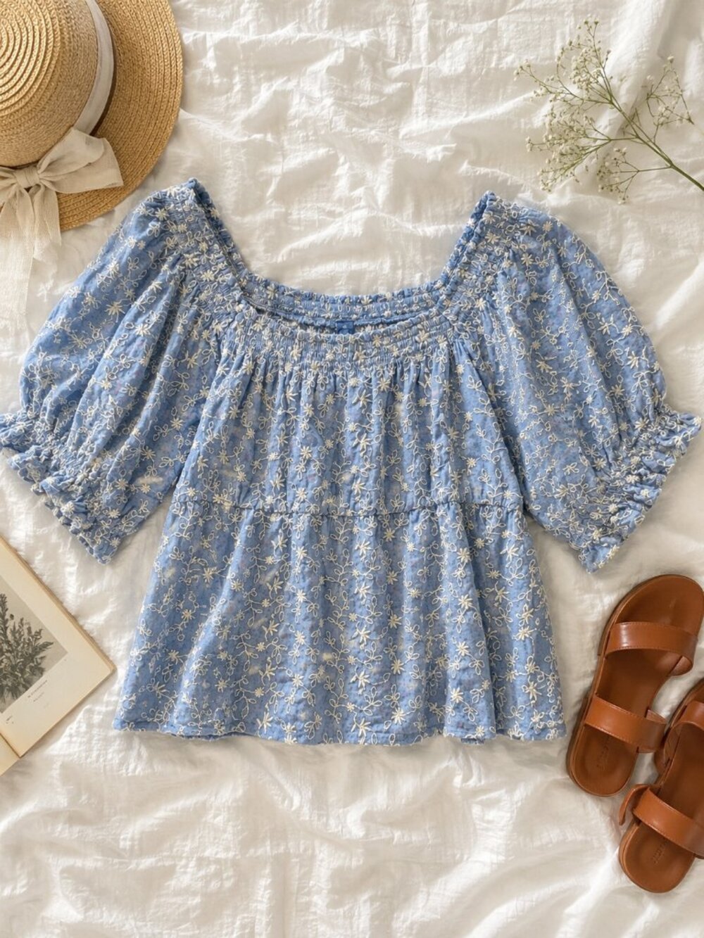 Old Navy Light Blue Floral Smocked Peasant Blouse